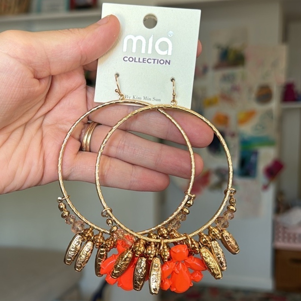 Mia Collection Beaded Gold Orange Pink Large Hoop Cactus Earrings